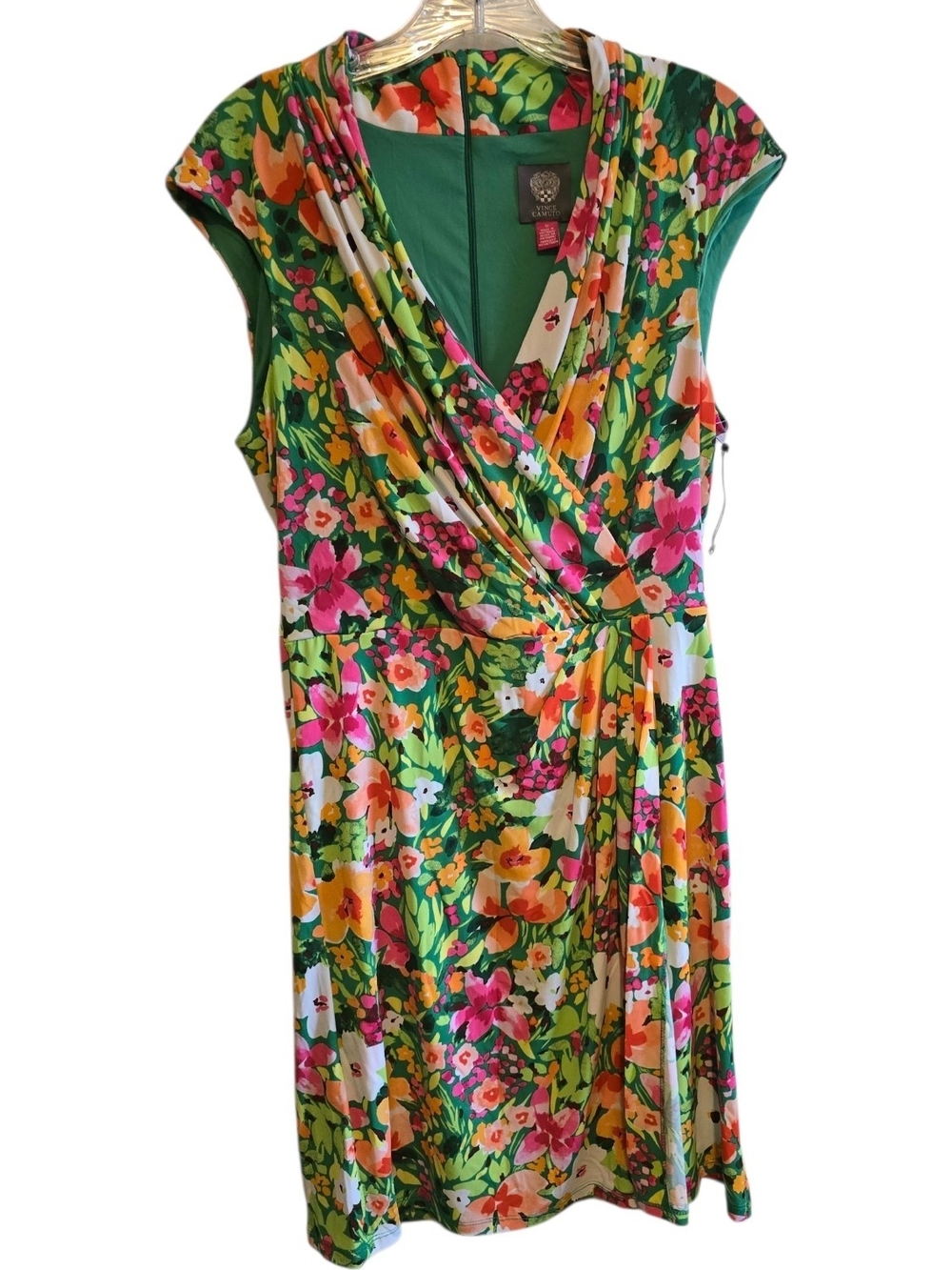 Vince Camuto Vibrant Green Tropical Floral V-Neck Sheath Dress - Size 12